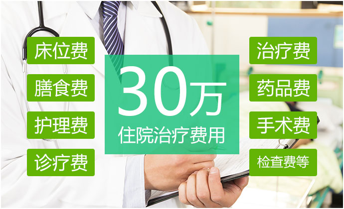 30万住院治疗费用(床位费、膳食费、护理费、诊疗费、治疗费、药品费、手术费、检查费等)